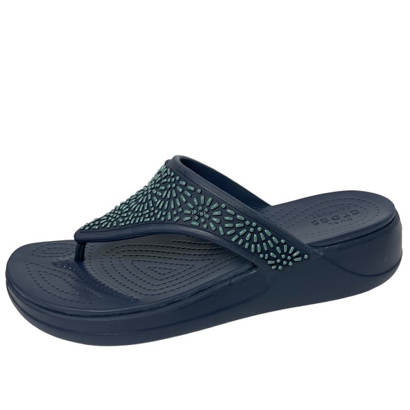 NWOT Crocs Monterey Diamante Blue Embellished Wedge Thong Sandals Size 11 - Picture 1 of 14